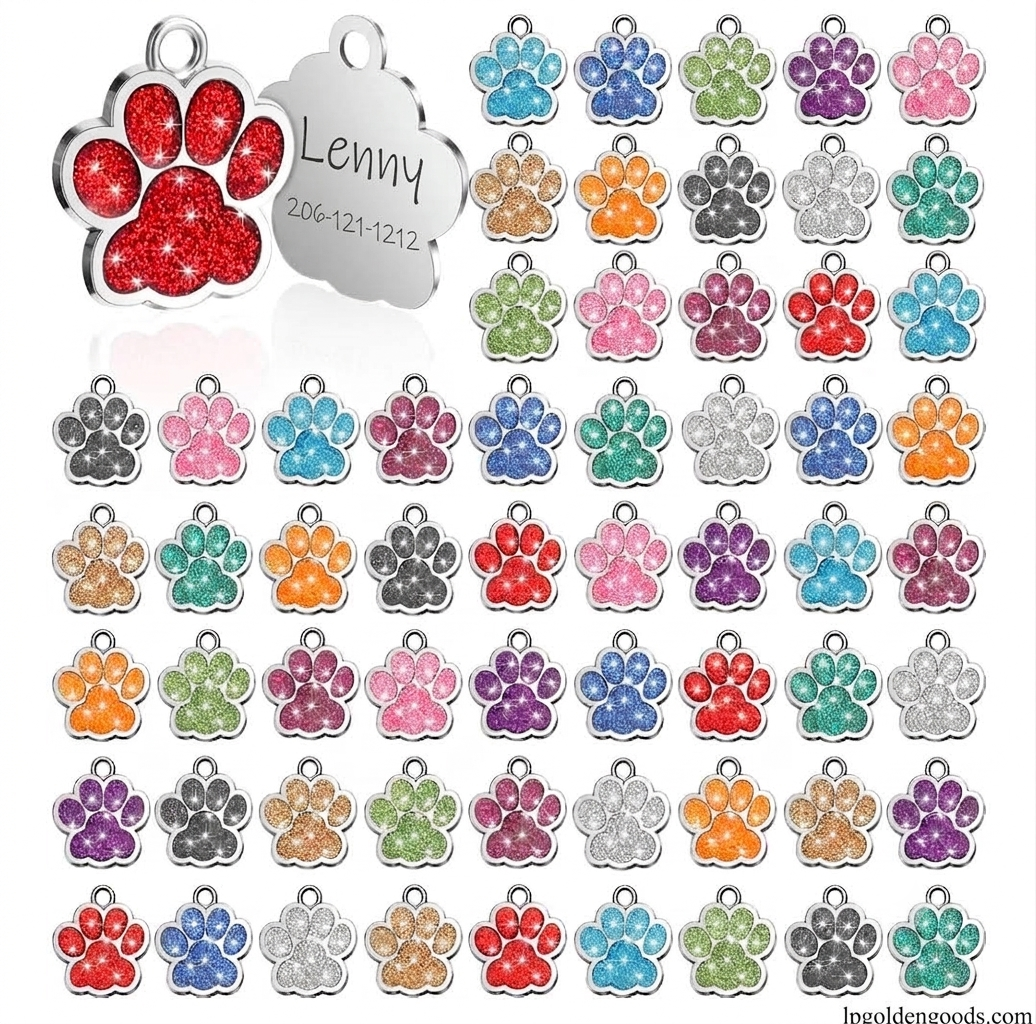 Custom Engraved Glitter Paw Print Pet ID Tag – Personalized Dog & Cat Collar Charm