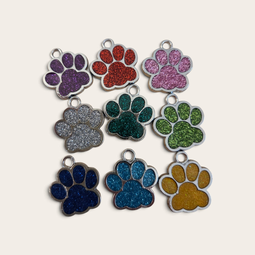 Custom Engraved Glitter Paw Print Pet ID Tag – Personalized Dog & Cat Collar Charm
