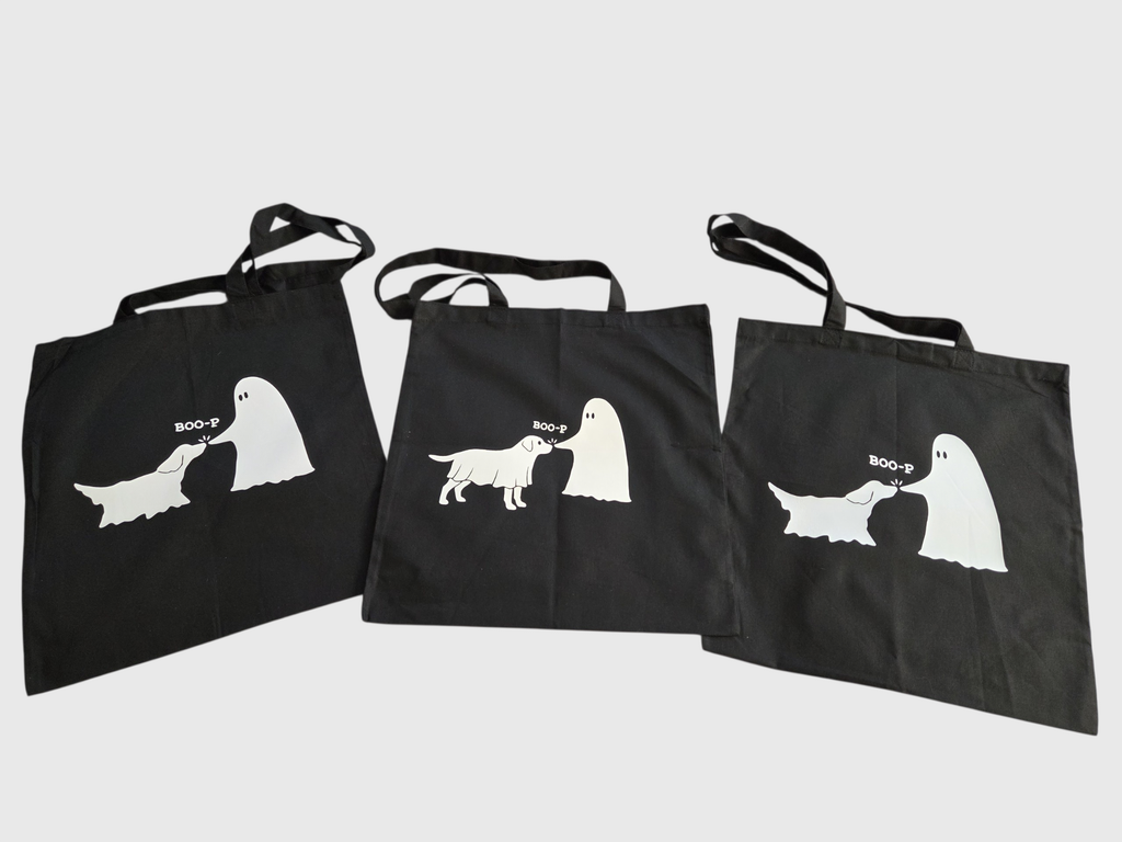 Custom Dog Ghost Halloween Trick-or-Treat Tote Bag | Glow in the Dark "BOO-P" Canvas Bag