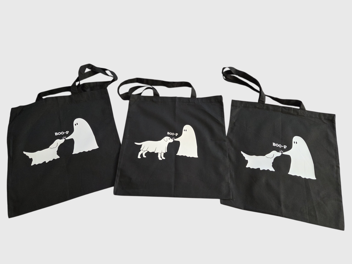 Custom Dog Ghost Halloween Trick-or-Treat Tote Bag | Glow in the Dark "BOO-P" Canvas Bag