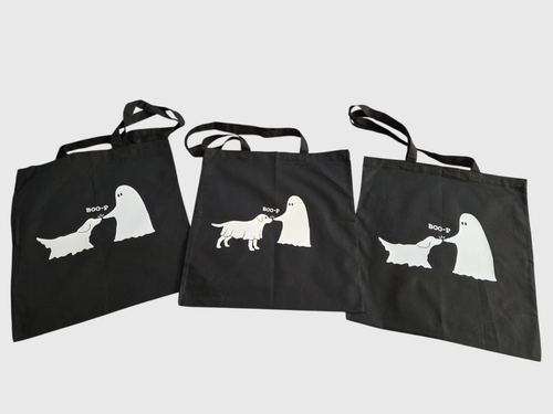 Custom Dog Ghost Halloween Trick-or-Treat Tote Bag | Glow in the Dark "BOO-P" Canvas Bag