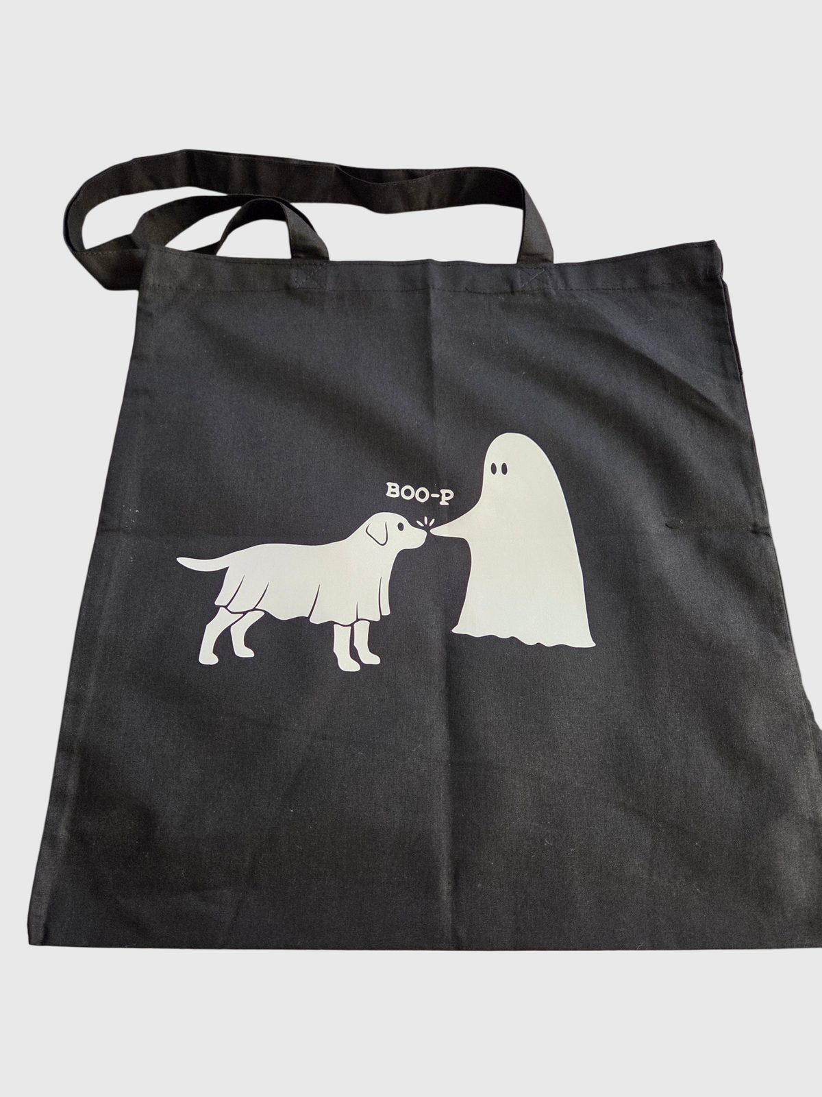 Custom Dog Ghost Halloween Trick-or-Treat Tote Bag | Glow in the Dark "BOO-P" Canvas Bag