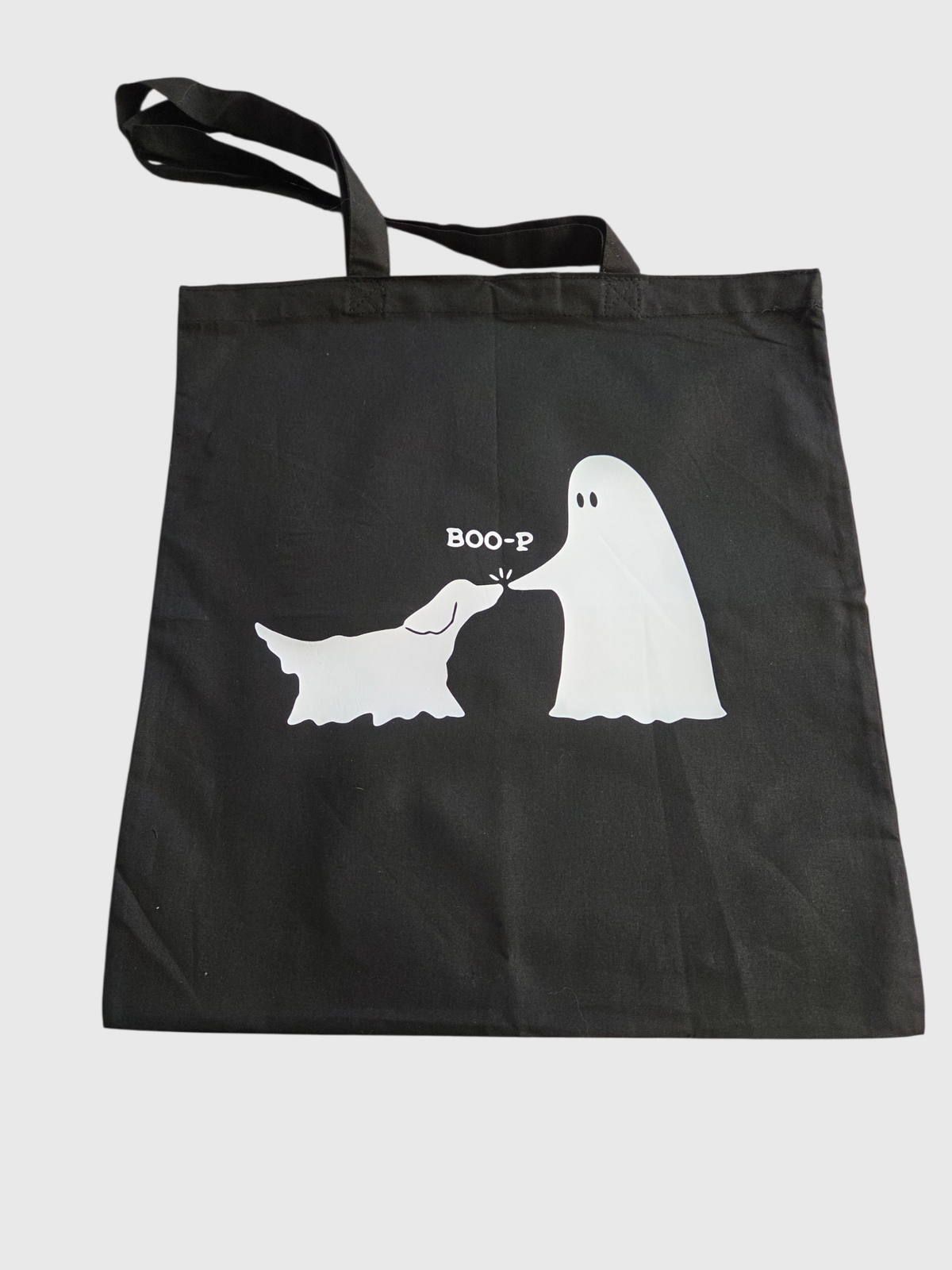 Custom Dog Ghost Halloween Trick-or-Treat Tote Bag | Glow in the Dark "BOO-P" Canvas Bag