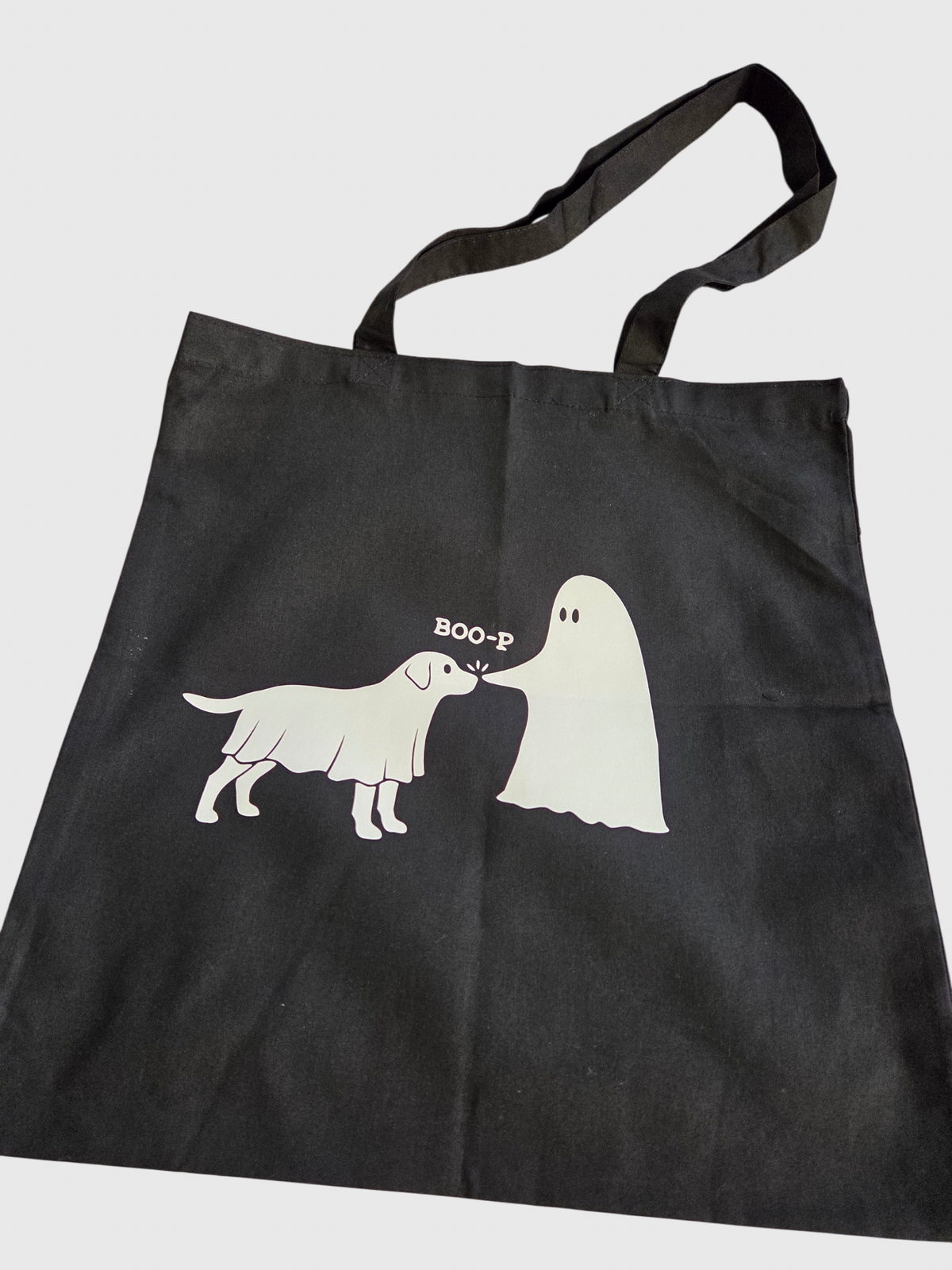 Custom Dog Ghost Halloween Trick-or-Treat Tote Bag | Glow in the Dark "BOO-P" Canvas Bag