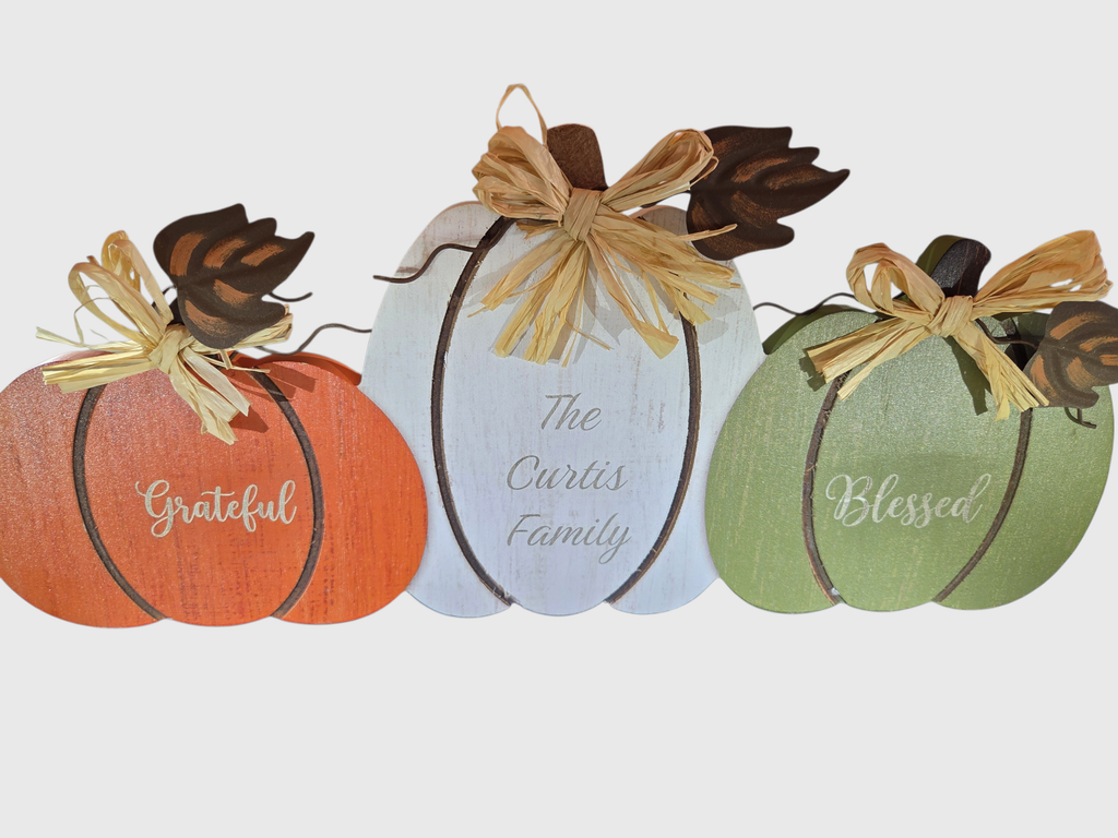 Personalized Rustic Wood Pumpkin Trio – Custom Laser-Engraved Fall Tabletop Decor