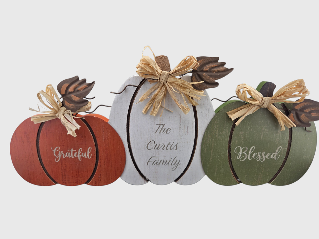 Personalized Rustic Wood Pumpkin Trio – Custom Laser-Engraved Fall Tabletop Decor