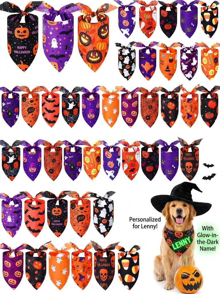 Personalized Halloween Dog Bandana – Custom Glow-in-the-Dark Name Pet Scarf