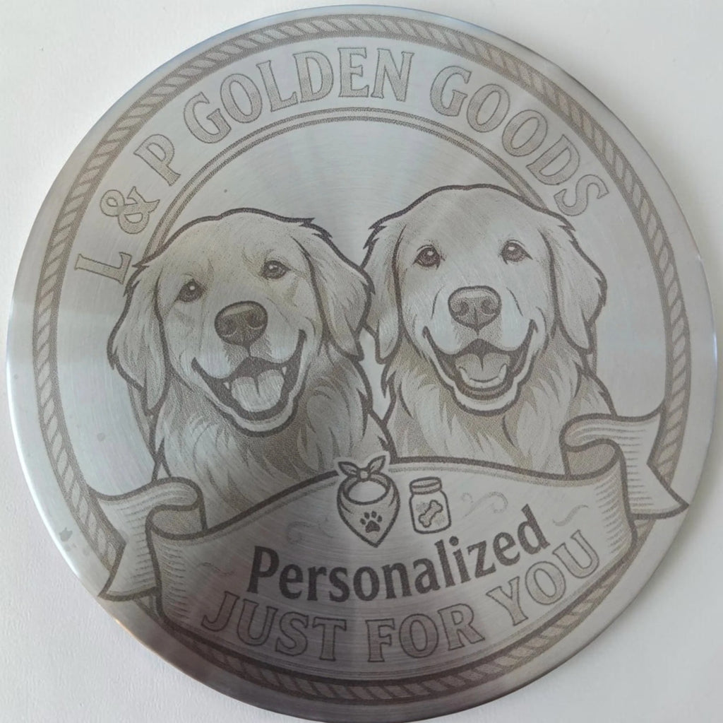 L & P Golden goods custom stainless steel jar lid with laser-engraved portrait of two golden retriever dogs