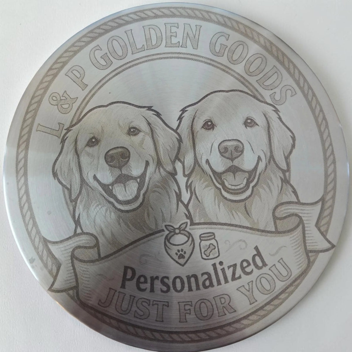 L & P Golden goods custom stainless steel jar lid with laser-engraved portrait of two golden retriever dogs