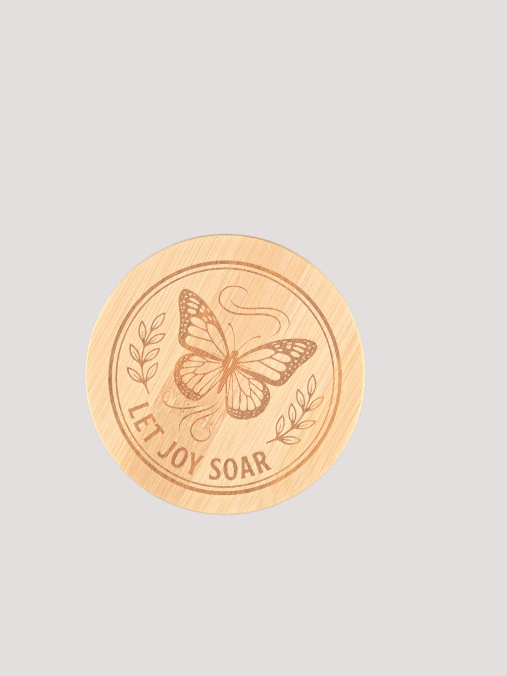 L & P Golden goods personalized bamboo lid with laser-engraved butterfly design and Let Joy Soar text