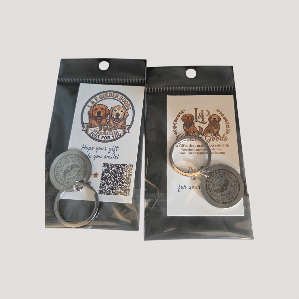 L & P Golden goods custom engraved round stainless steel keychains in branded retail packaging