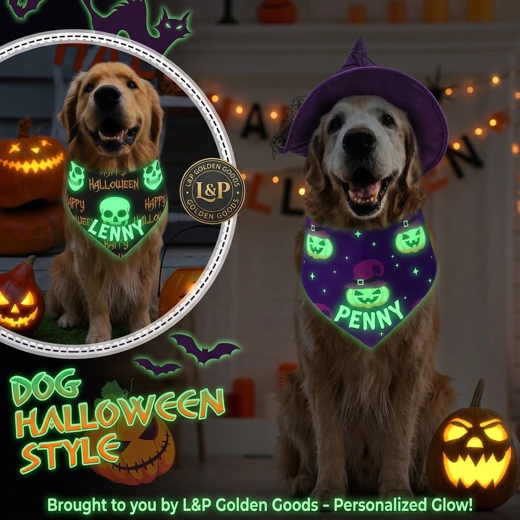Personalized Halloween Dog Bandana – Custom Glow-in-the-Dark Name Pet Scarf